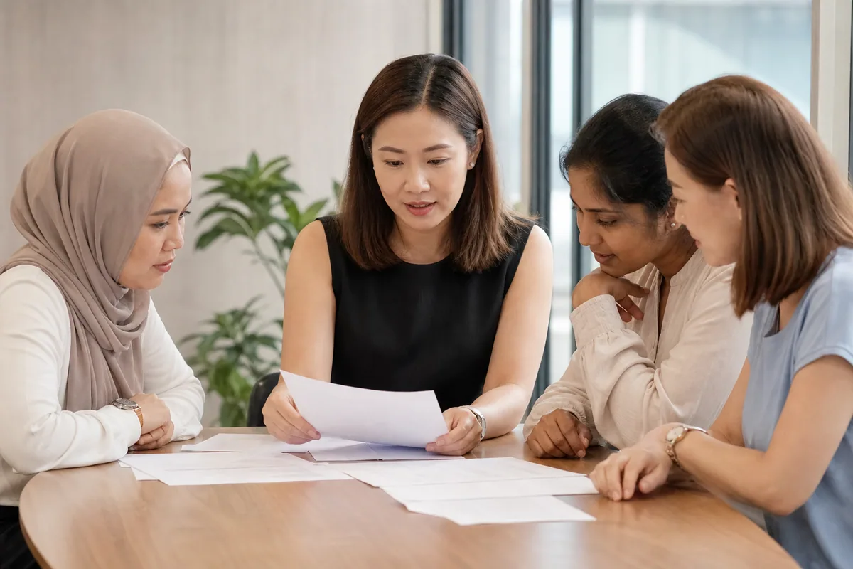 Malaysian women health editorial team reviewing source material