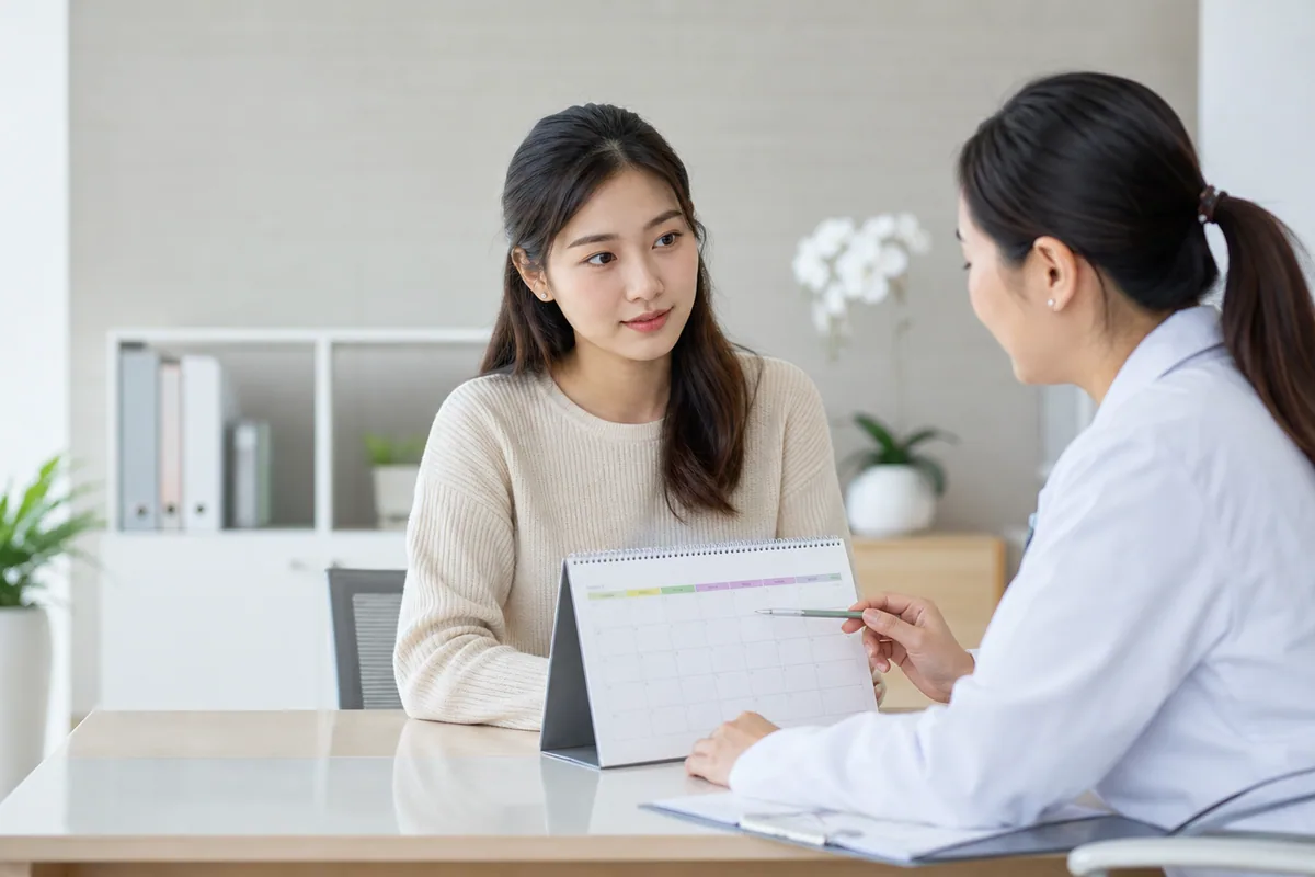 Malaysian Chinese woman discussing her cycle with a doctor