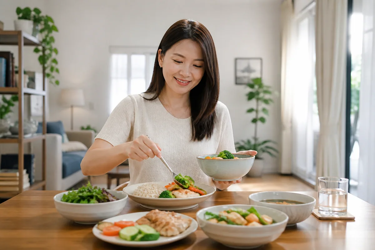 Malaysian Chinese woman preparing a balanced meal at home