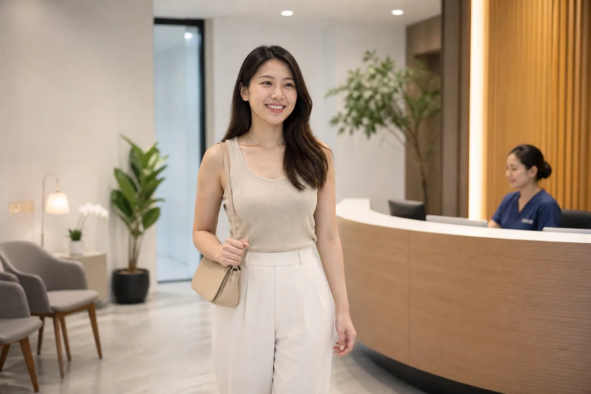 Malaysian Chinese woman arriving at a Malaysian clinic reception