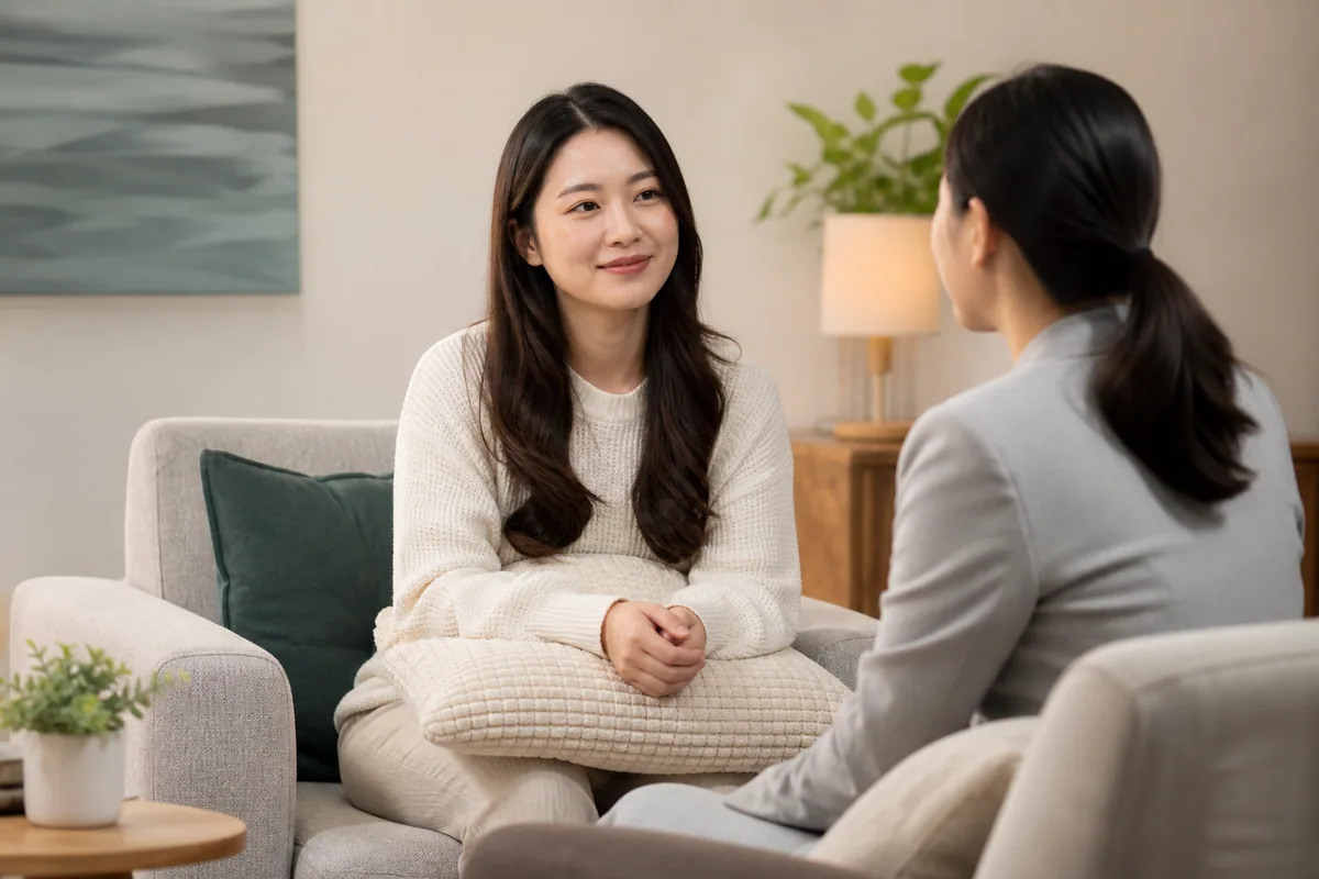 Malaysian Chinese woman having a calm conversation with a counsellor