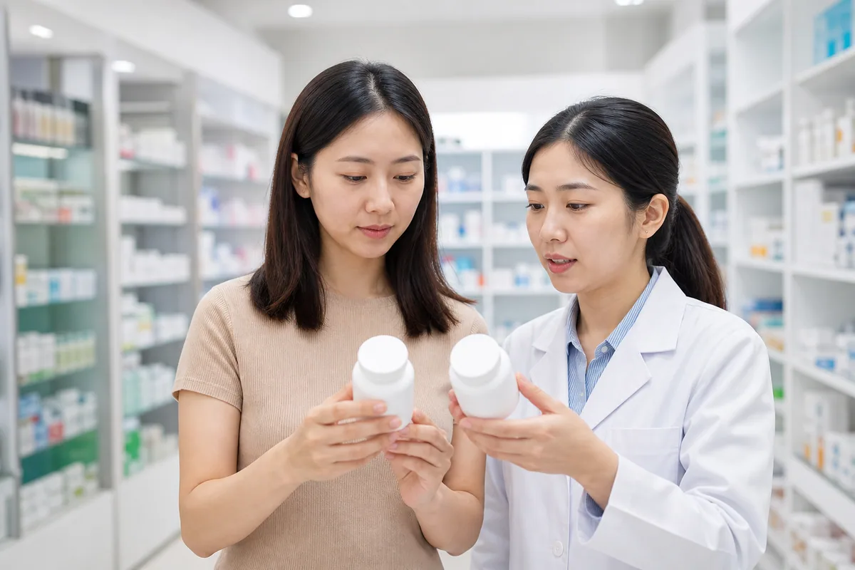 Malaysian Chinese woman checking unmarked supplement containers with a pharmacist