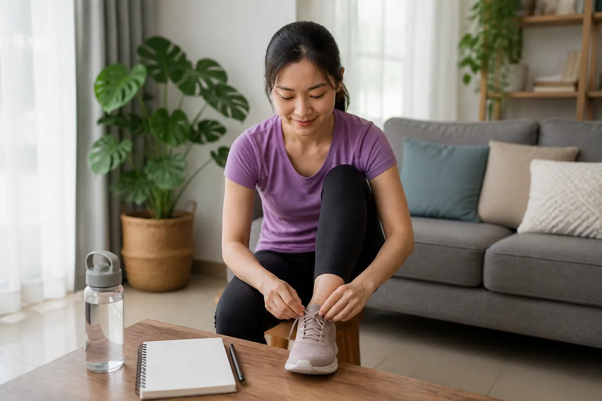 Malaysian Chinese woman preparing for a walking routine