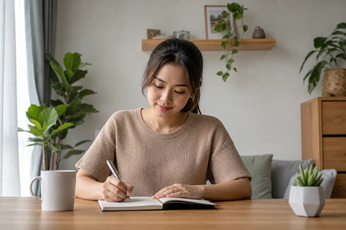 Malaysian Chinese woman recording health changes in a notebook
