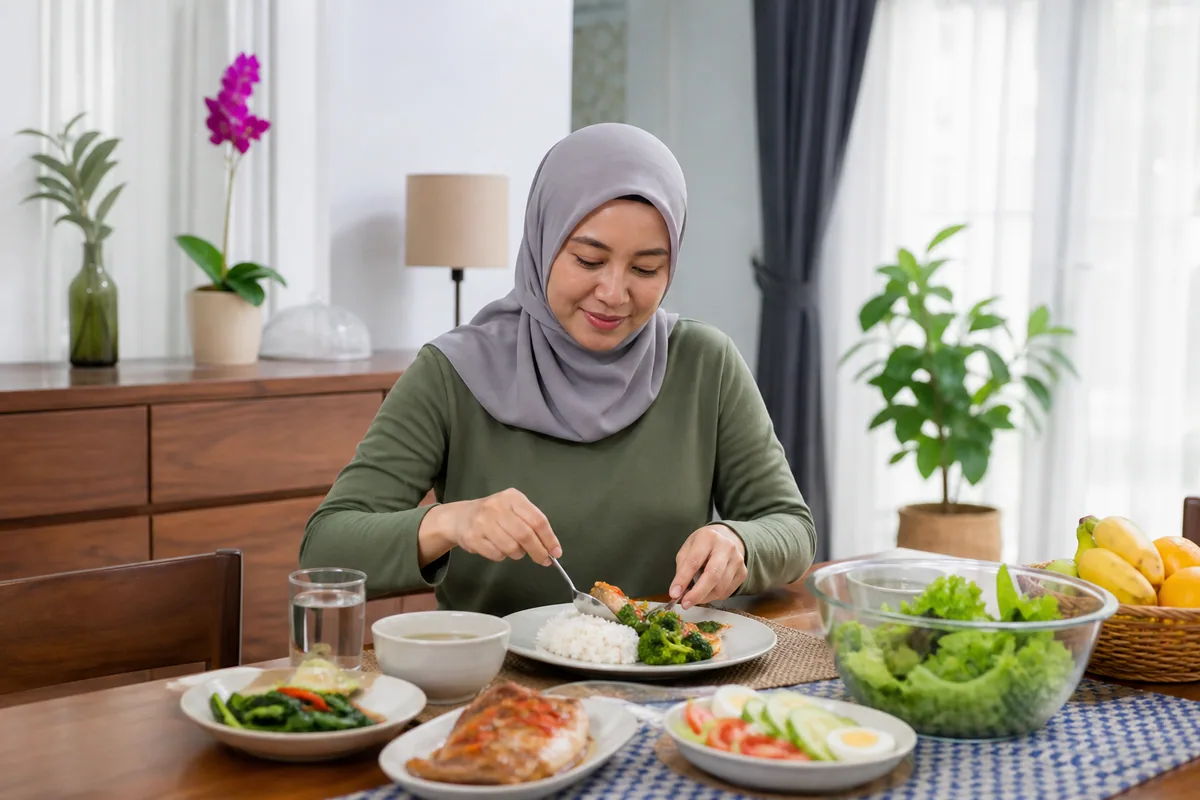 Wanita Melayu menyediakan hidangan seimbang di rumah
