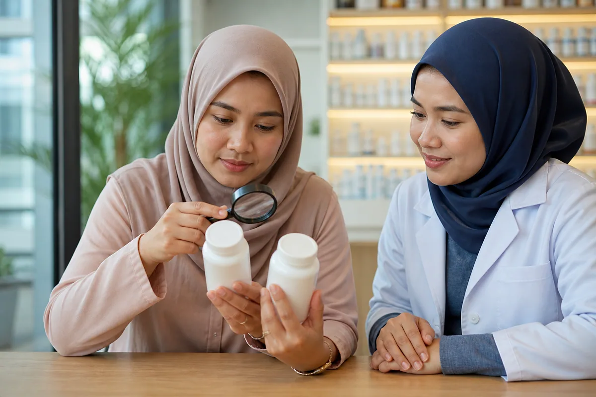 Wanita Melayu menyemak bekas suplemen tanpa jenama bersama ahli farmasi