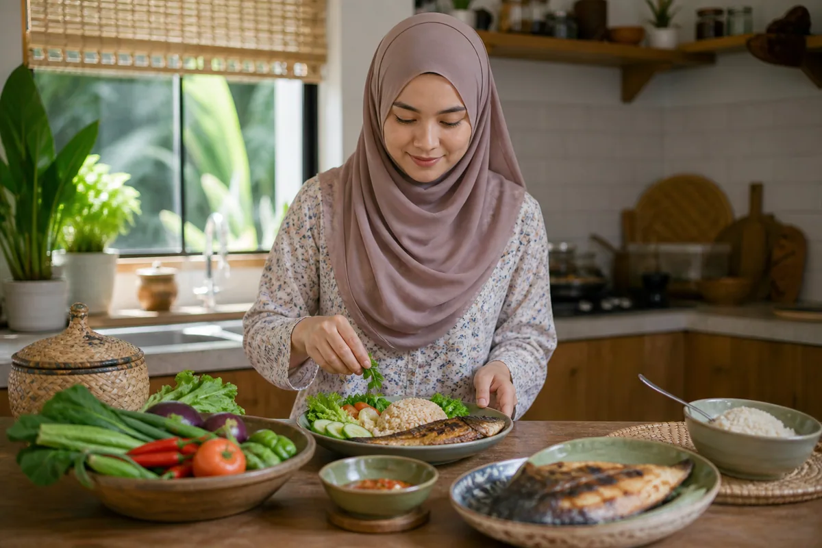 Wanita Melayu menyediakan hidangan Malaysia yang seimbang
