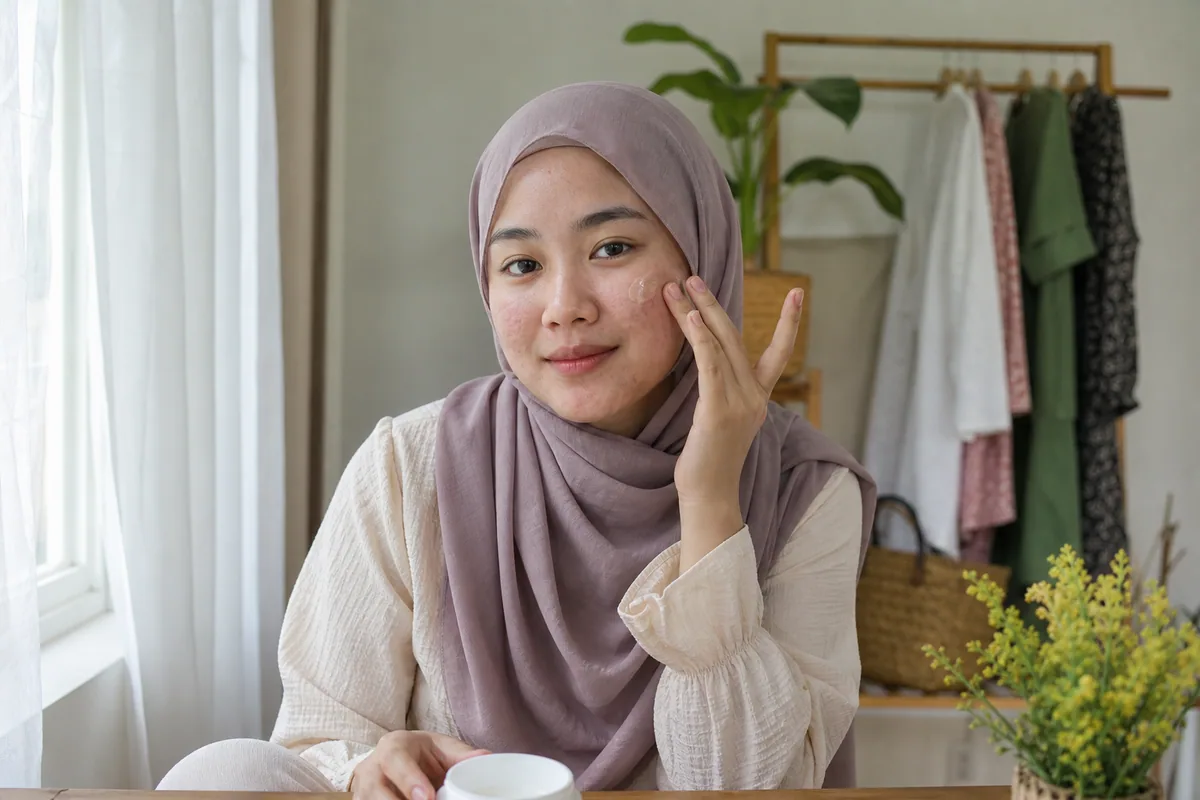 Wanita Melayu dengan jerawat dewasa menggunakan pelembap tanpa jenama