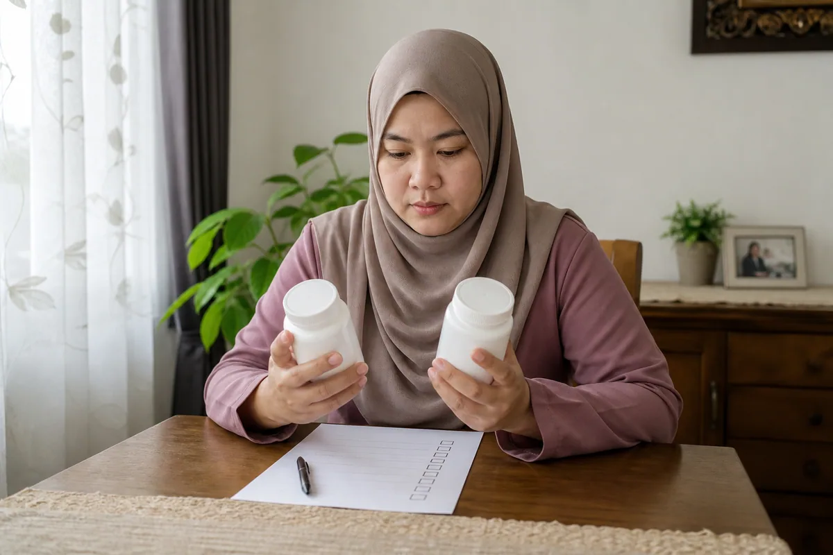 Wanita Melayu menyemak dua bekas suplemen tanpa jenama sebelum membeli